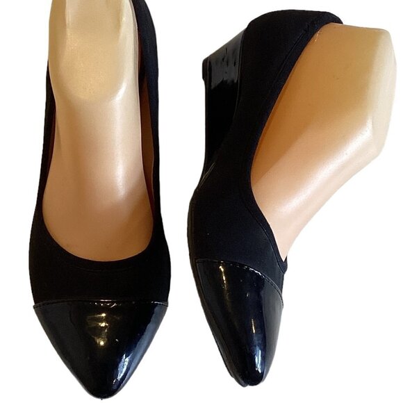Ellen Tracy" Busy" Black Cap Toe Wedge Pump Sz 8M #249B - Picture 1 of 8
